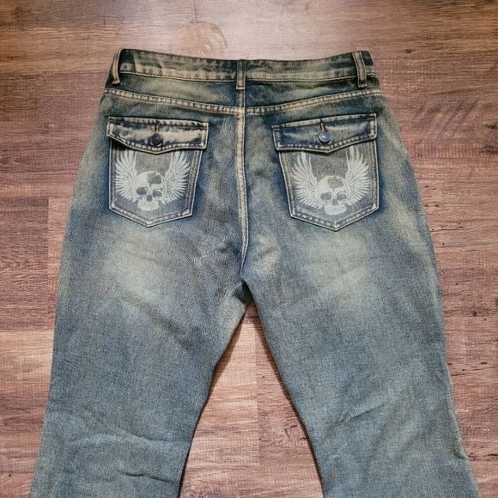 Women's flared flare skull denim jeans faded blue rocker concert festiva…